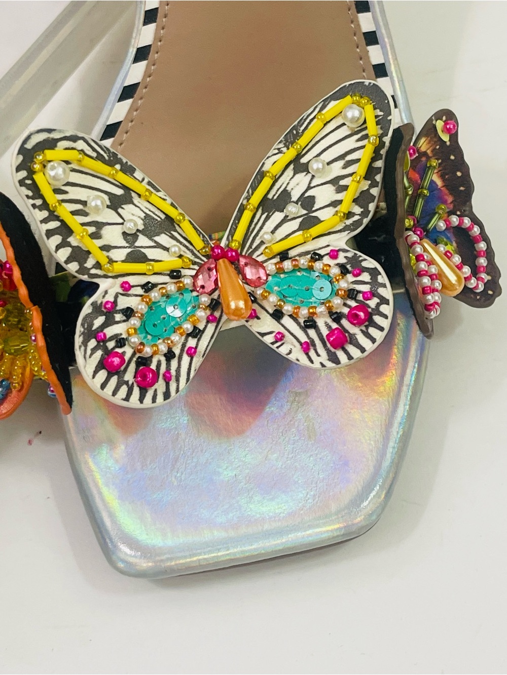 Betsey Johnson White Multicolor Butterfly Embellished Wedge Sandals - Picture 11 of 14